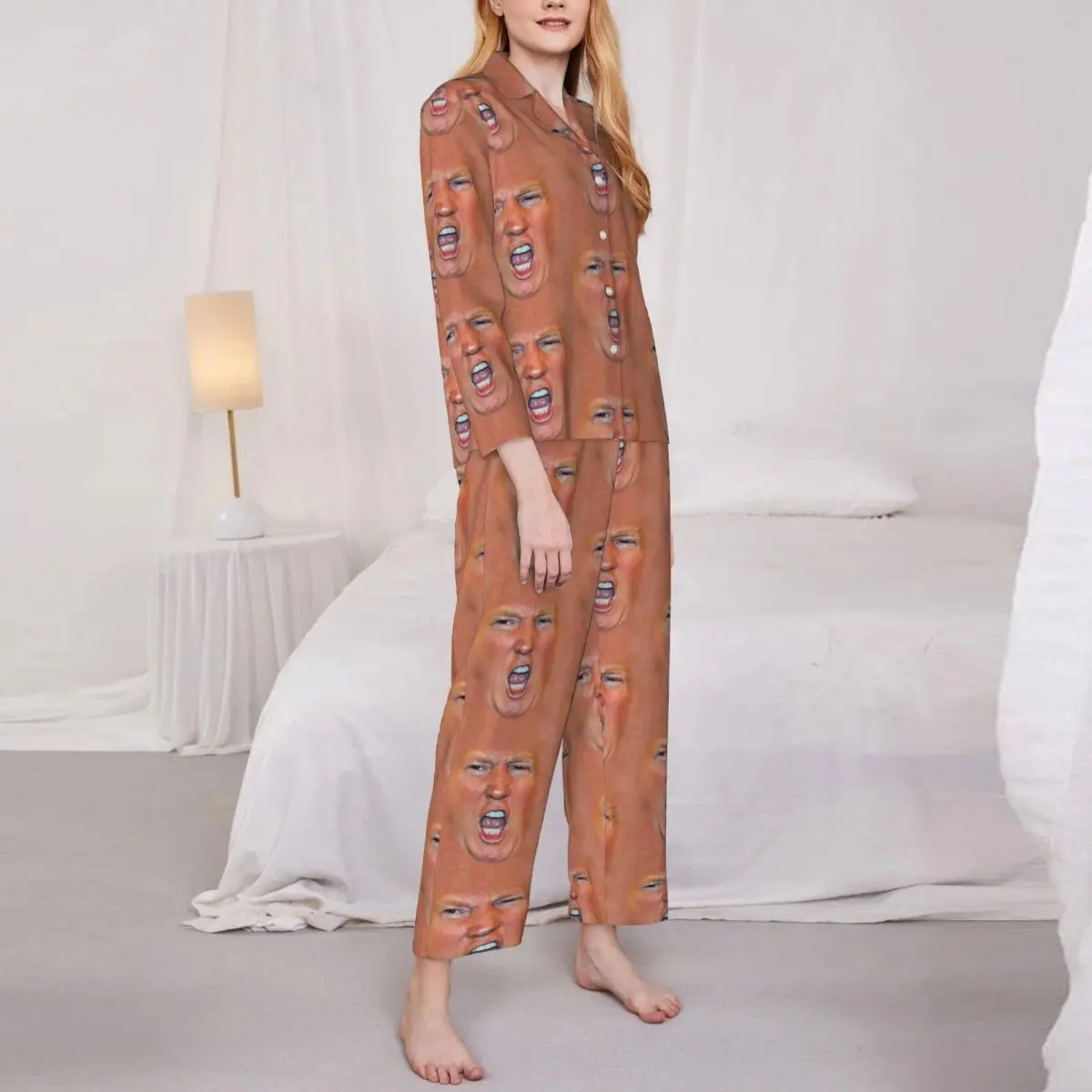 Lustige Pyjama-Sets mit Trump-Haut, warme Nachtwäsche für Damen, langärmelig, ästhetische Nacht, 2-teilige Nachtwäsche, große Größe 2XL