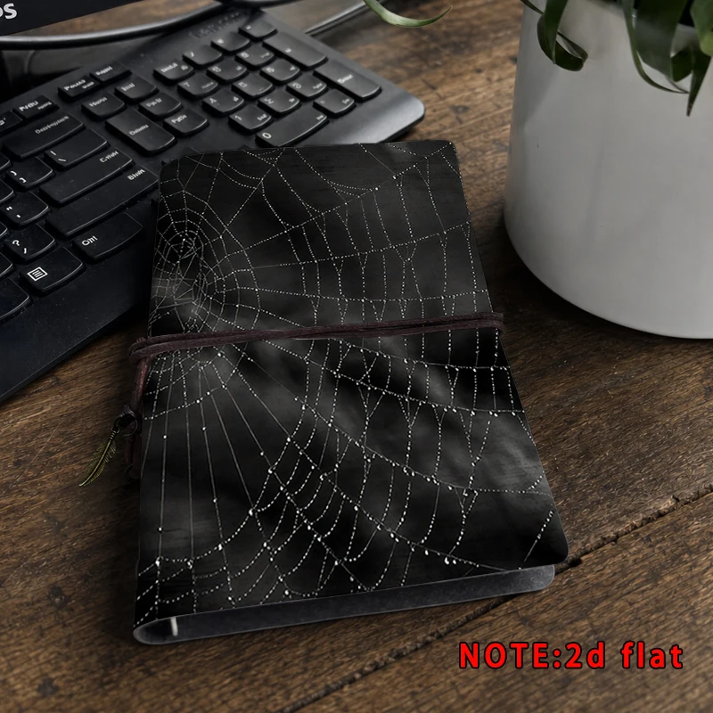 Gothic Spider Web Art Print Notebook Tie‑Bound PU Journal 2D Flat Cover Portable Travel Diary Halloween Aesthetic Holiday Gift