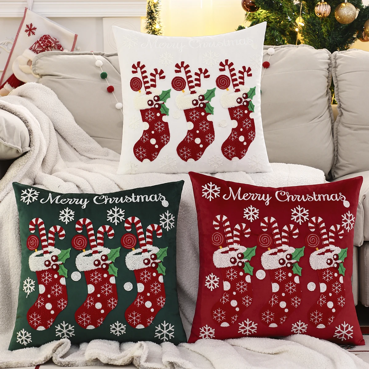 1PC Weihnachtssocken Dekokissenbezug Samt Stickerei Schneeflocke Weihnachtsdekoration Wohnzimmer