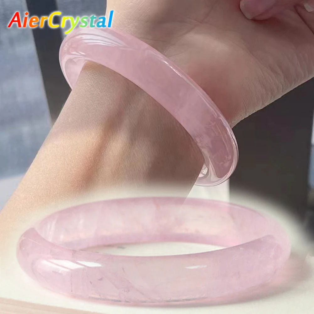 Natural Madagascar Pink Crystal Bangle Light Pink Bracelet Hand Carved Round Wedding Fashion Elegant Charm Women Jewelry Gifts