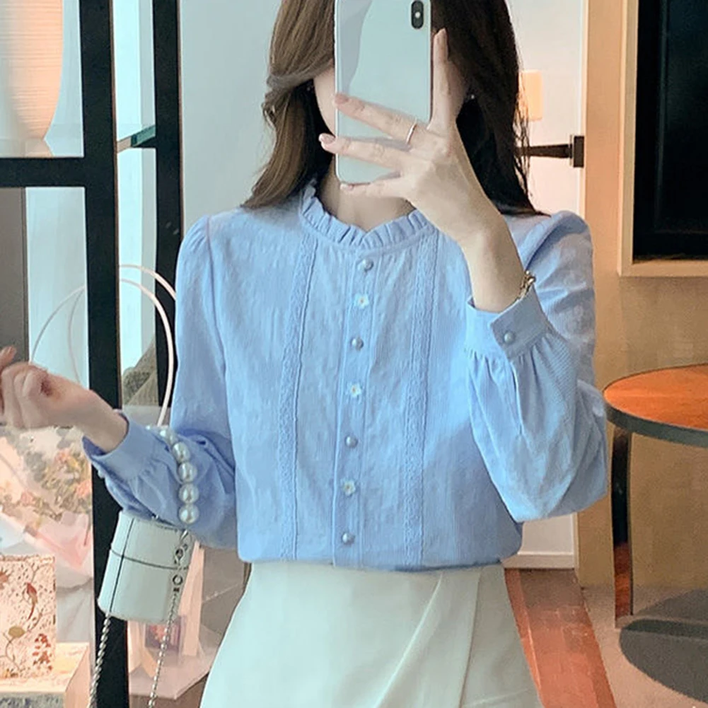 Chemise décontractée pour tous les jours, chemise brodée, vêtements de printemps et d'automne, chemise brodée bleue pour femmes, tissu en polyester