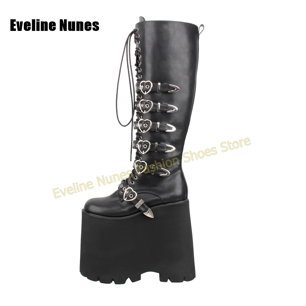 Y2K Gothic Lolita Tall Platform Boots Black Matte Heart Shaped Metal Buckle Chunky Sole Punk Street Style Party Fashion Shoes view 3