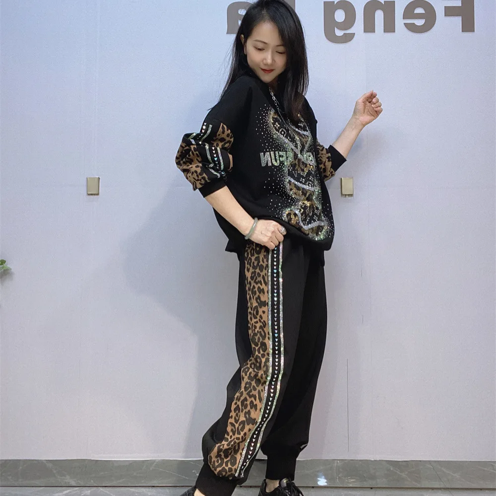 Oversized Fashion 2 Piece Sets Womens Outfits Cartoon Diamonds Leopard Print Side Stripe Casual Women Clothes Loose Pant Suits