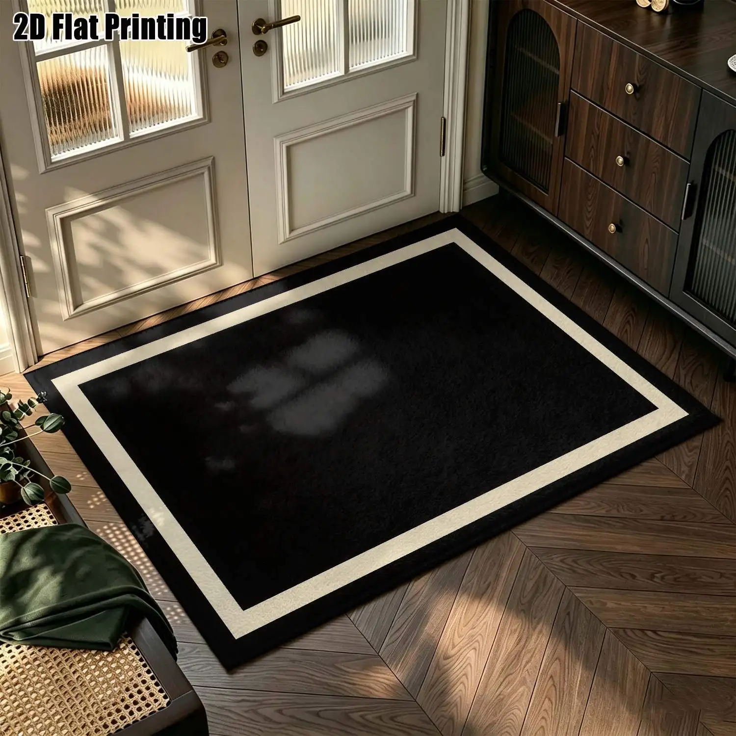 1Pc 2D Printed Carpet: Black Base, White Border, Geometric Patterns Nordic Style, Suitable for Modern Minimalist Interiors, Great for Instagram Decor, Available in Multiple Sizes, Machine Washable, Multi-Scene Use.