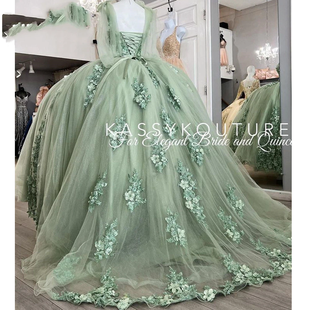 ANGELSBRIDEP Mint Green Princess Quinceanera Dresses Ball Gown Lace Appliques Tull Sweet 16 Dress Vestidos De 15 Años Customized