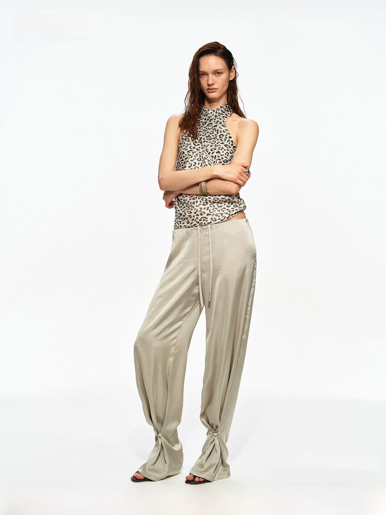 Casual Drawstring Satin Texture Pleated Loose Fit Low Waist Trousers Women's Fashionable Comfortable Leisure Pants PRRP