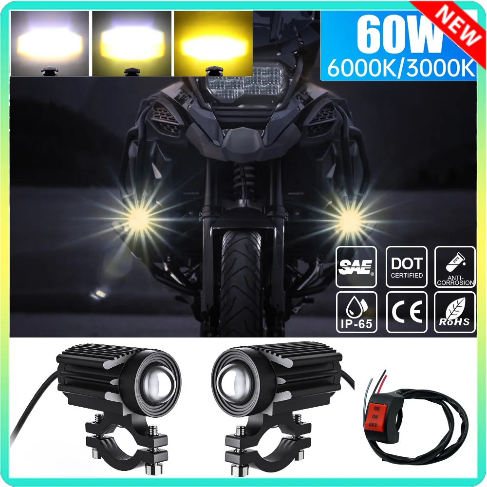 2Pcs 60W 6000LM Bike Bicycle Light Motorcycle Spotlights LED Headlight Fog Light  6000k/3000k Super Bright Moto Bike Headlight