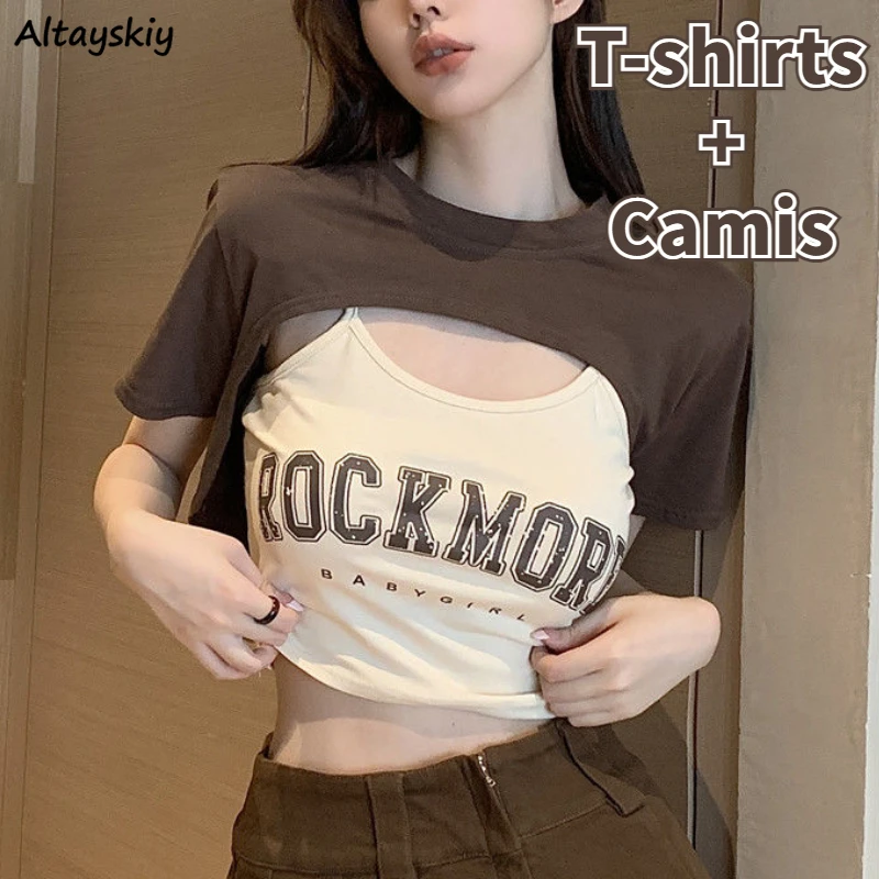 2 Pcs Sets Women Irregular Crop Tops Sexy T-shirts Letter Vintage Camis Streetwear Summer Aesthetic Casual Basics Lady Minority