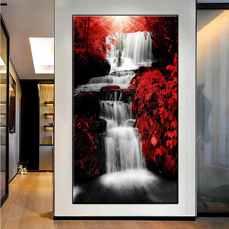 Diamond Painting Red Tree Waterfall Landscape 5d Diamond Embroidery Full Display Diamond Mosaic Cross Stitch Decoration