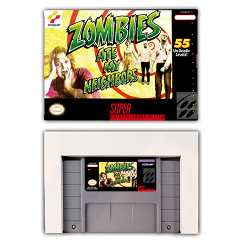 خرطوشة ألعاب فيديو مع صندوق البيع بالتجزئة ، زومبي أكل جاري ، سنس ، يورو ، بال ، الولايات المتحدة الأمريكية ، NTSC ، وحدات تحكم ألعاب 16 بت