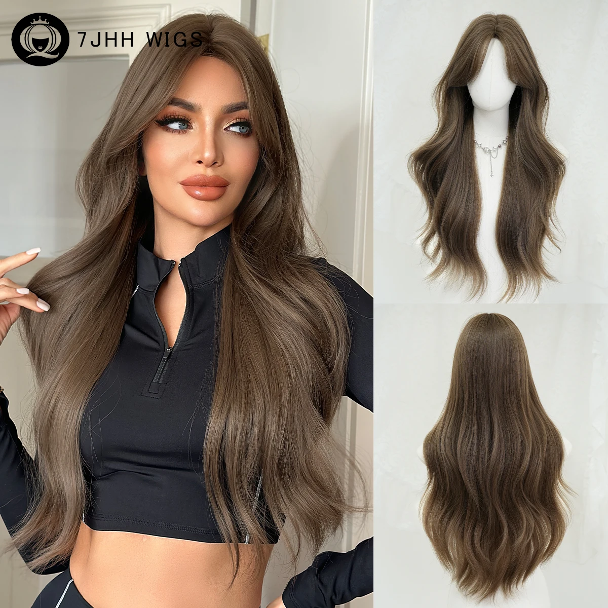 Long Straight Layered Cool Brown Wig for Women Synthetic Heat-Resistant Modest Fashion Middle Part Wigs with Curtain Bangs