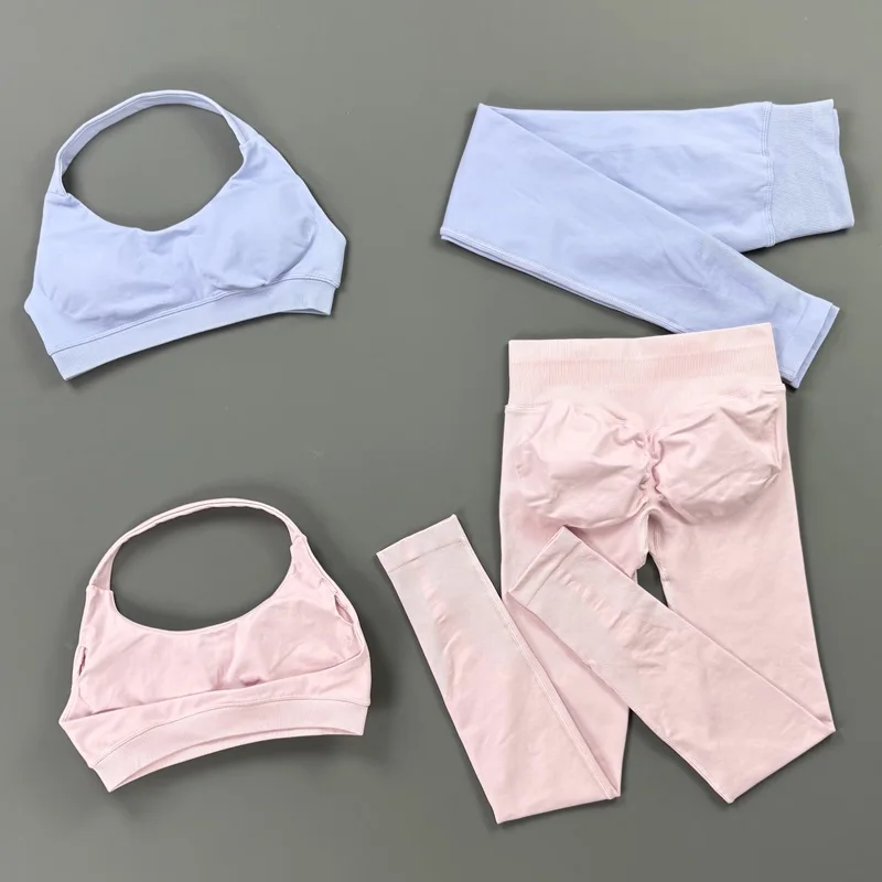 2Pcs Seamless Fitness Set Women Halter Sports Bra Tummy Control Scrunch Butt Leggings Stretch Training Workout Activewear Suit