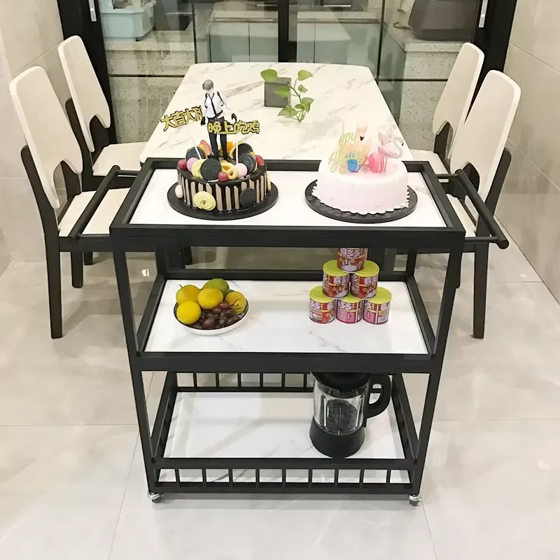 Metal Wood Panel Hotel Dining Cart Commercial Restaurant 4-Wheel 3-Shelf Silent New Chinese Style Baotu Furniture Model