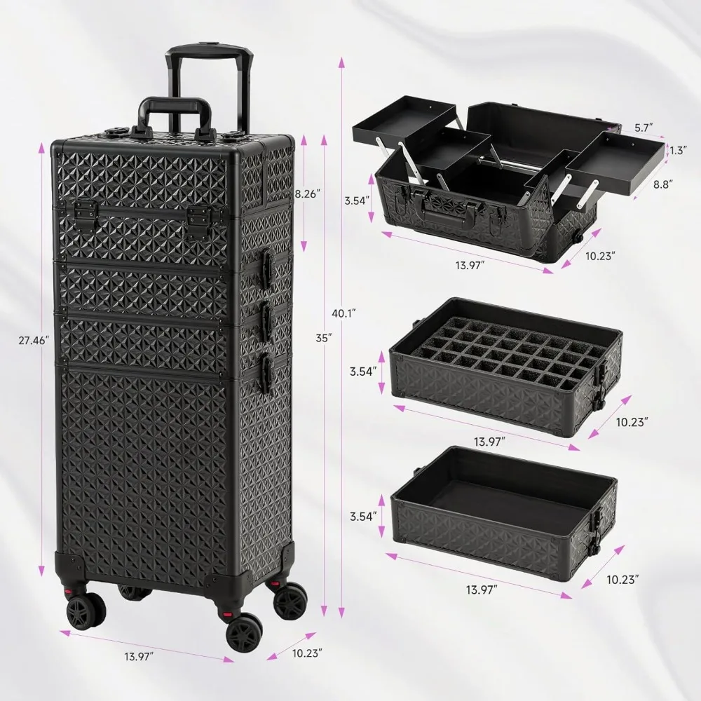 Portable Multi-Layer Rolling Nail Case with Wheels - Professional Cosmetic Organizer Storage Box (Black)