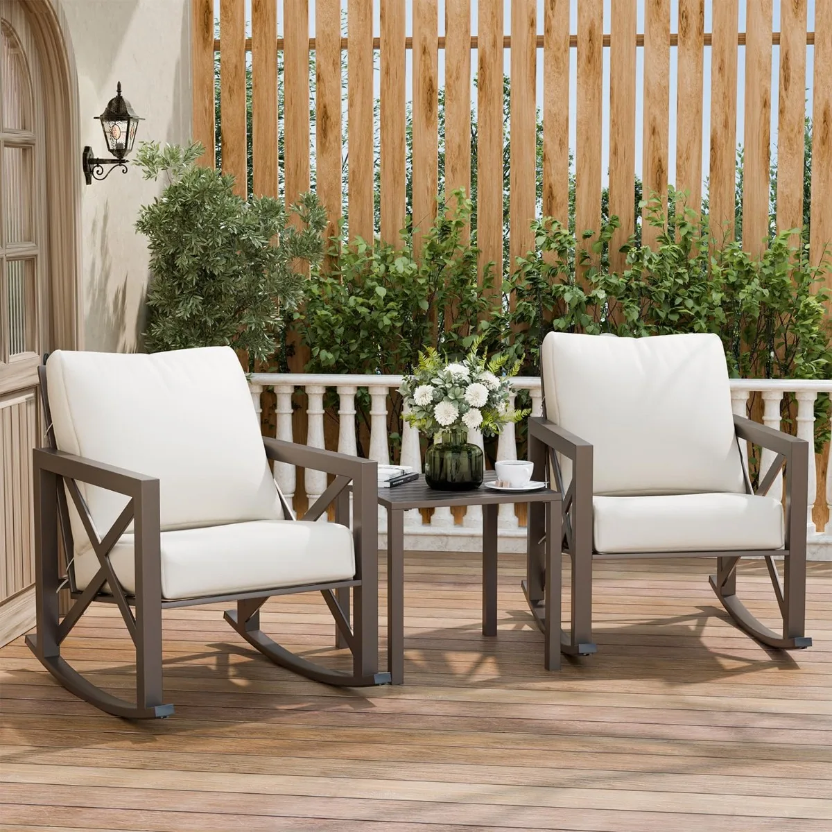 

Rocking Bistro Set, 3 Piece Outdoor Patio Furniture Set with 2 Rockers and 1 Metal Coffee Table, Rattan Conversation Sets