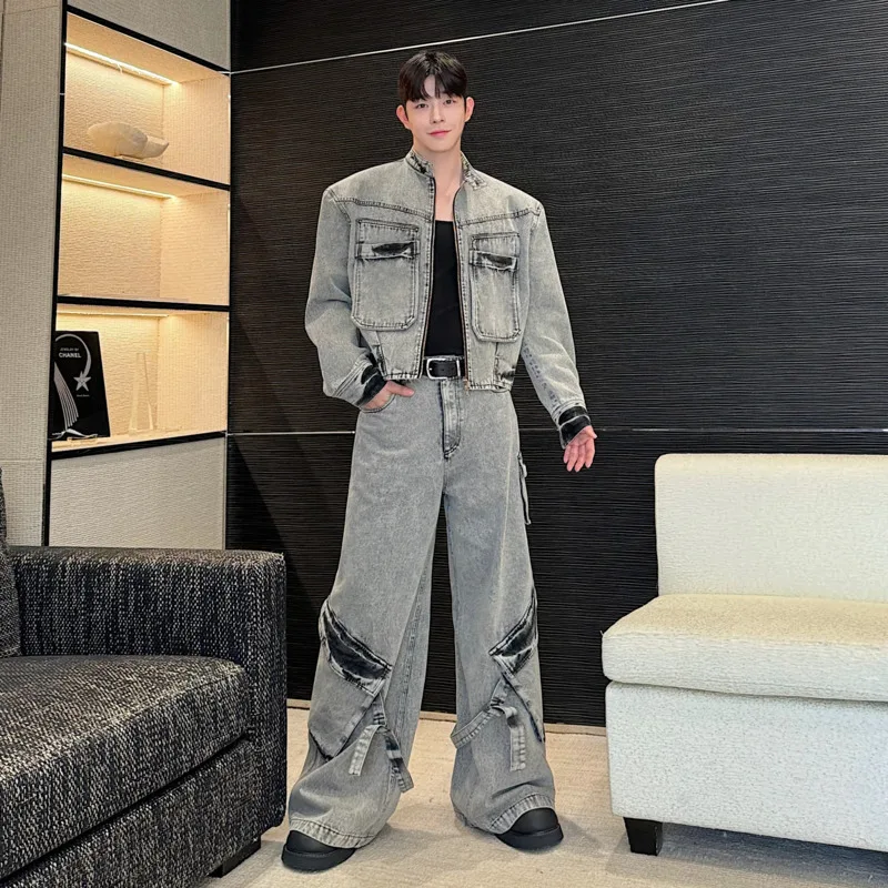 

SYUHGFA New Chic Worn-out Men's Two-piece Suit Multi Pockets Design Stand Collar Short Jacket Wide Leg Jeans Casual Men Set