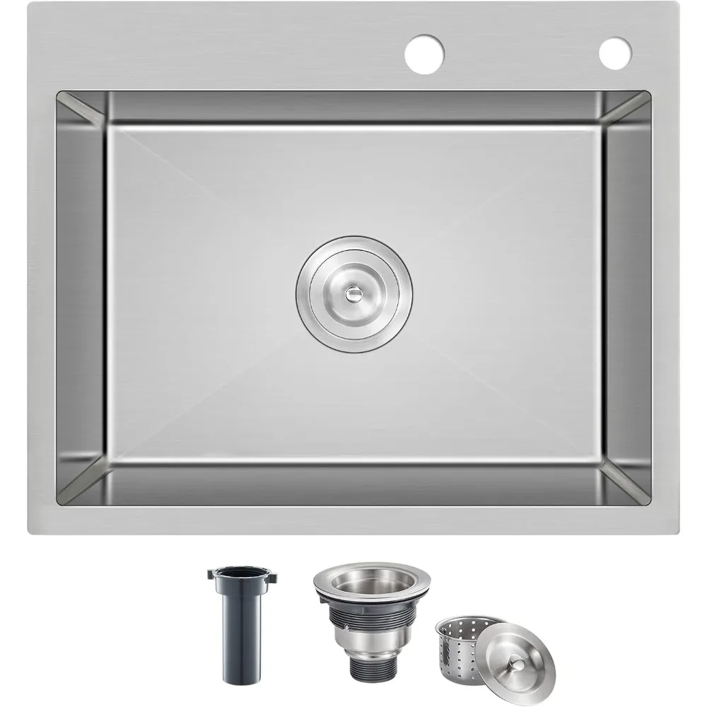 21.6x17.7 inch Drop in Kitchen Sink, Handmade 304 Stainless Steel Sink with 2 Holes, 8.6 Deep Single Bowl, R10 Tight Radius, Top