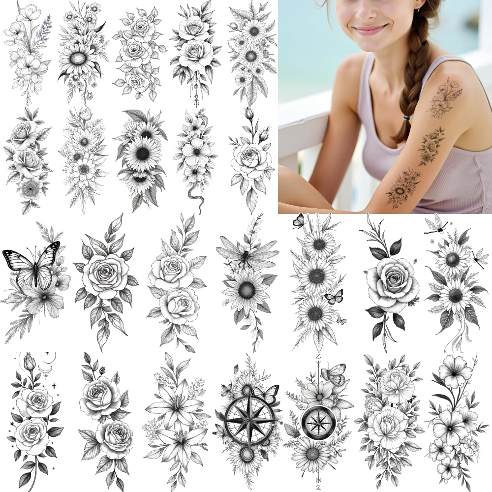

9pcs Temporary Tattoo Leaves Line Art Blossoms Flower Bouquet Temporary Tattoo Stickers Floral Arrangement For Adults