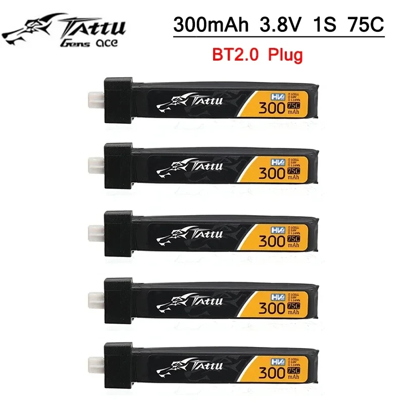 TATTU Lipo Battery 300mAh 3.8V 75C 1S with BT2.0/PH2.0 Plug Connector for RC FPV Racing Drone Quadcopter