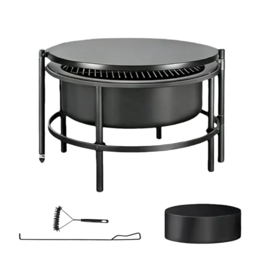 Outdoor fire pit for backyard use, cold-finished steel bowl, black, rotating BBQ grill table with complete accessories