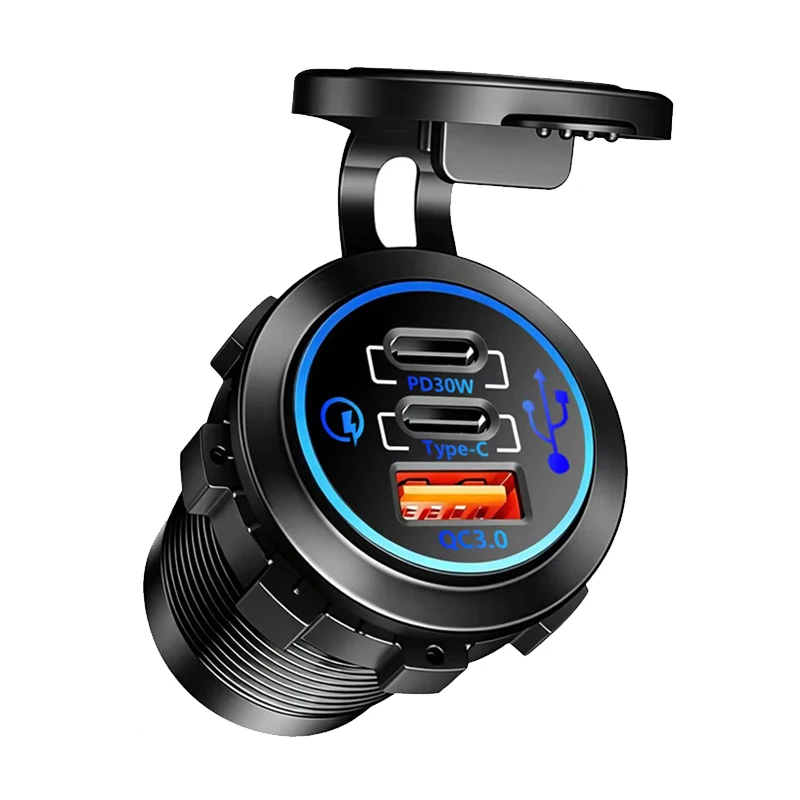3 Port Car USB Charger PD30W Type-C Fast Charging Socket 12V 24V for Motorcycle Boat RV ATV Camper Truck Power Outlet