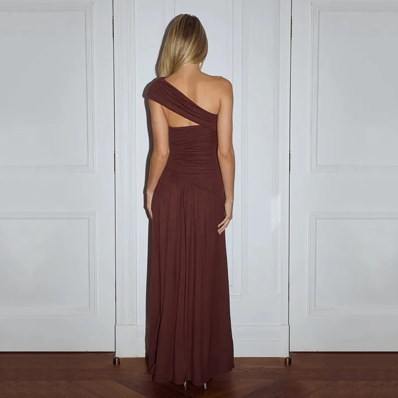 Zeyla Vestido largo sexy con un hombro fruncido para mujer, color amarillo liso, con abertura larga, elegante vestido de fiesta de noche de verano