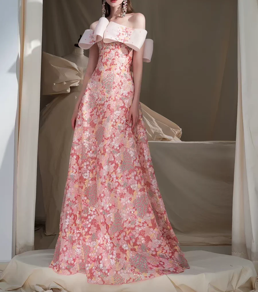customized evening dress Off Shoulder Big Three-Dimensional Bow Collar Pink Floral Sequin Lace Slim Fit Floor Length Formal