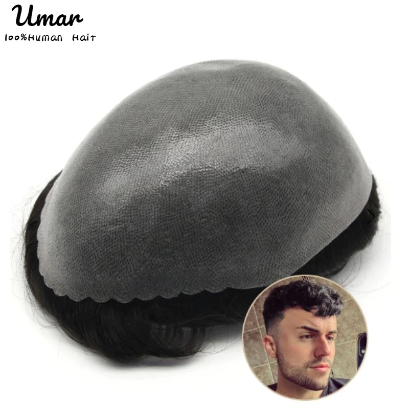 

Male Hair Prosthesis 0.1mm Knotless V-loop Pu Toupee Men Durable Wigs For Men 100% Human Hair System Unit Capillary Prosthesis