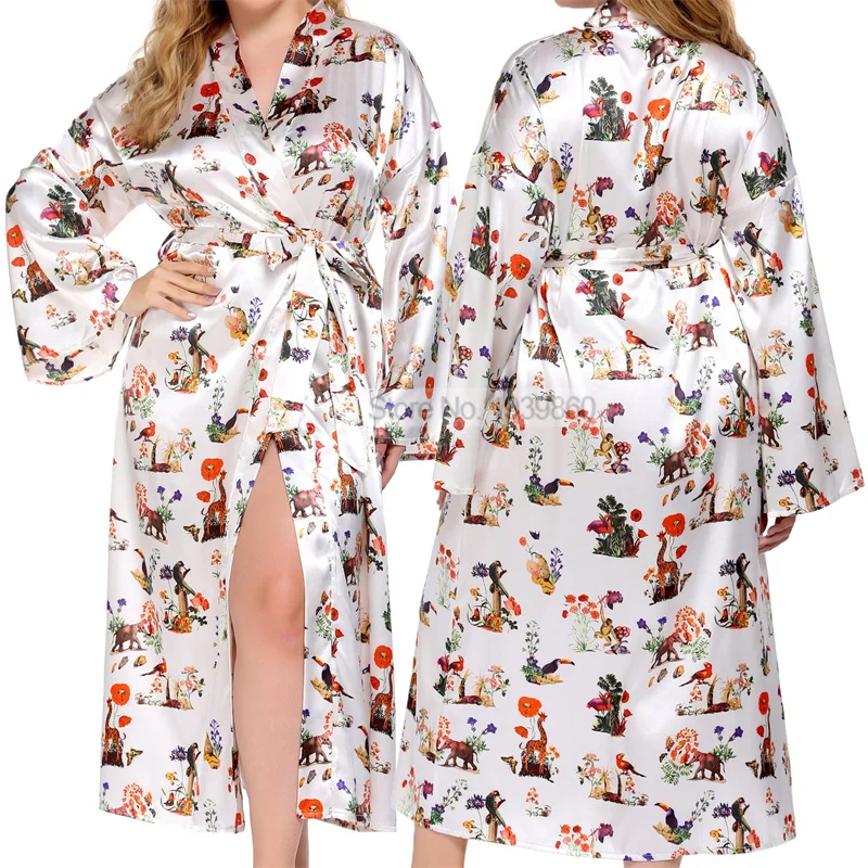 Print Flower Kimono Robe Gown Long Female Bathrobe Oversize Nightgown Summer V-Neck Sleepwear Rayon Sexy Loungewear Lingerie