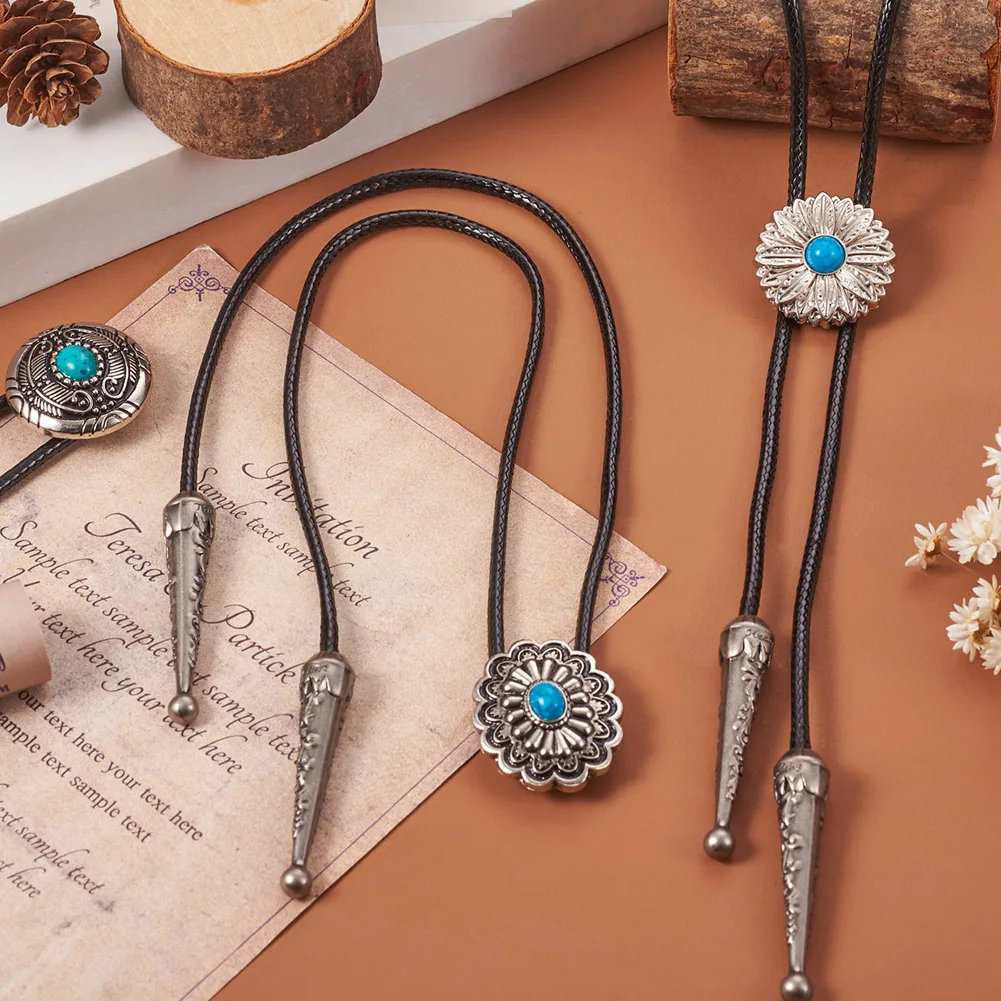 Flower Bolo Tie Braided Cowhide Cords Turquoise Stone Buttons Antique Silver Color Vintage Jewelry DIY Making Accessories Kit