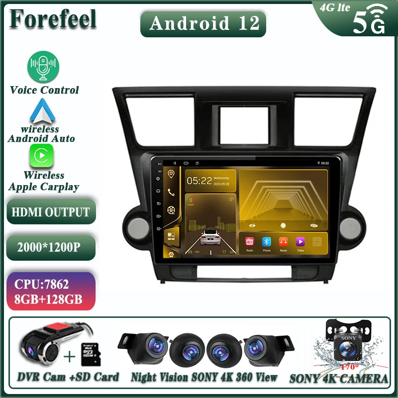 Android12 For Toyota Highlander 2 XU40 2007 - 2013 Multimedia Car Monitor Lettore Autoradio GPS Vehicle Navigation Stereo Radio