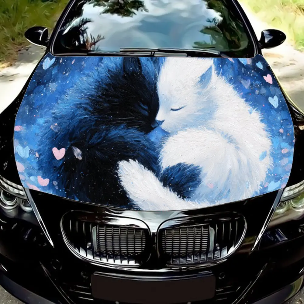 Whimsical Sweet Cats Cuddling Kittens with Hearts Petals Car Hood Sticker PVC Self Waterproof stick, Striking Auto Exterior Acce