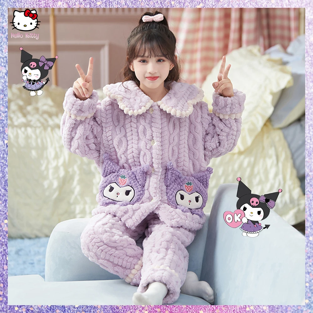 Anime Sanrioed Autumn/winter Pajama Set for Children's Home Wear Kawaii Cinnamoroll Kuromi Y2kFlannel Pajamascute Warm Thickened