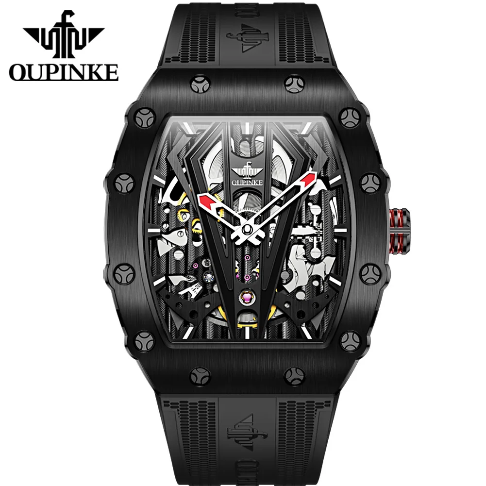 

OUPINKE 3179, автоматические часы для мужчин, силиконовый ремешок, сапфировое зеркало, водонепроницаемые механические мужские наручные часы со скелетом Tonneau
