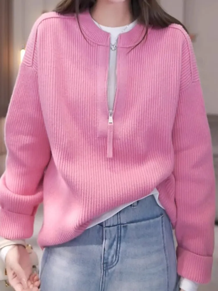 

Свободный повседневный длинный шерстяной вязаный свитер цвета свека, осенний модный круглый женский топ на молнии в европейском стиле