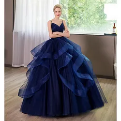 Blue Quinceanera Dresses Luxury Party Prom V-neck Ball Gown Elegant Spaghetti Strap Vestidos De 15 Anos Quinceanera Customized