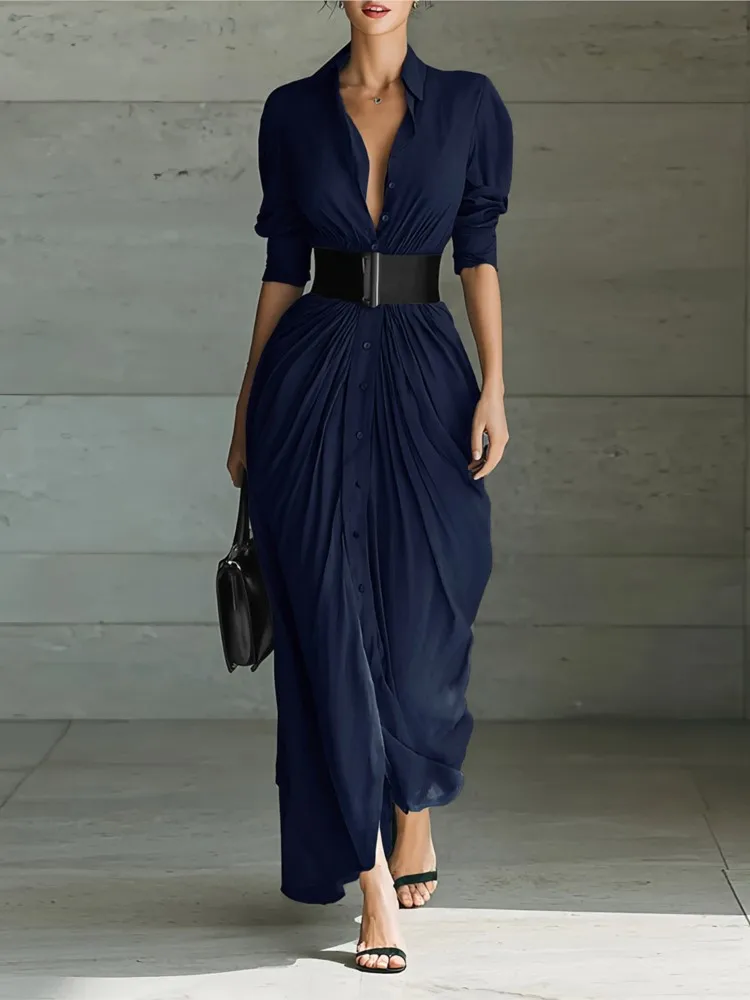 Lente Single Breasted Shirts Jurken Vrouw Revers Elegante Belted Slanke Geplooide Lange Jurk Herfst Lange Mouw Effen Feestjurk