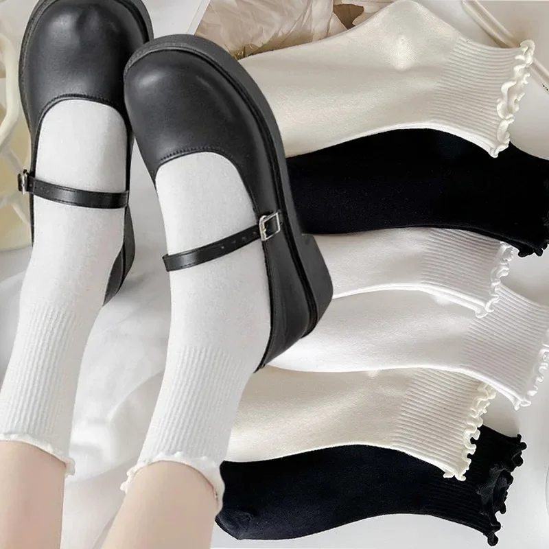1/2/3pairs Cotton Ruffles Ankle Socks Women Lolita Cute Kawaii Korean Stocking Girl Spring Black White Middle Tube Japanese Sox