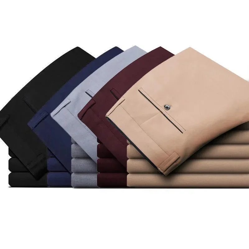 Business Version Slim Fitting Men\'s Spring Summer Casual Straight Leg Suit Pants Solid Color Button Pockets Fashion Trousers