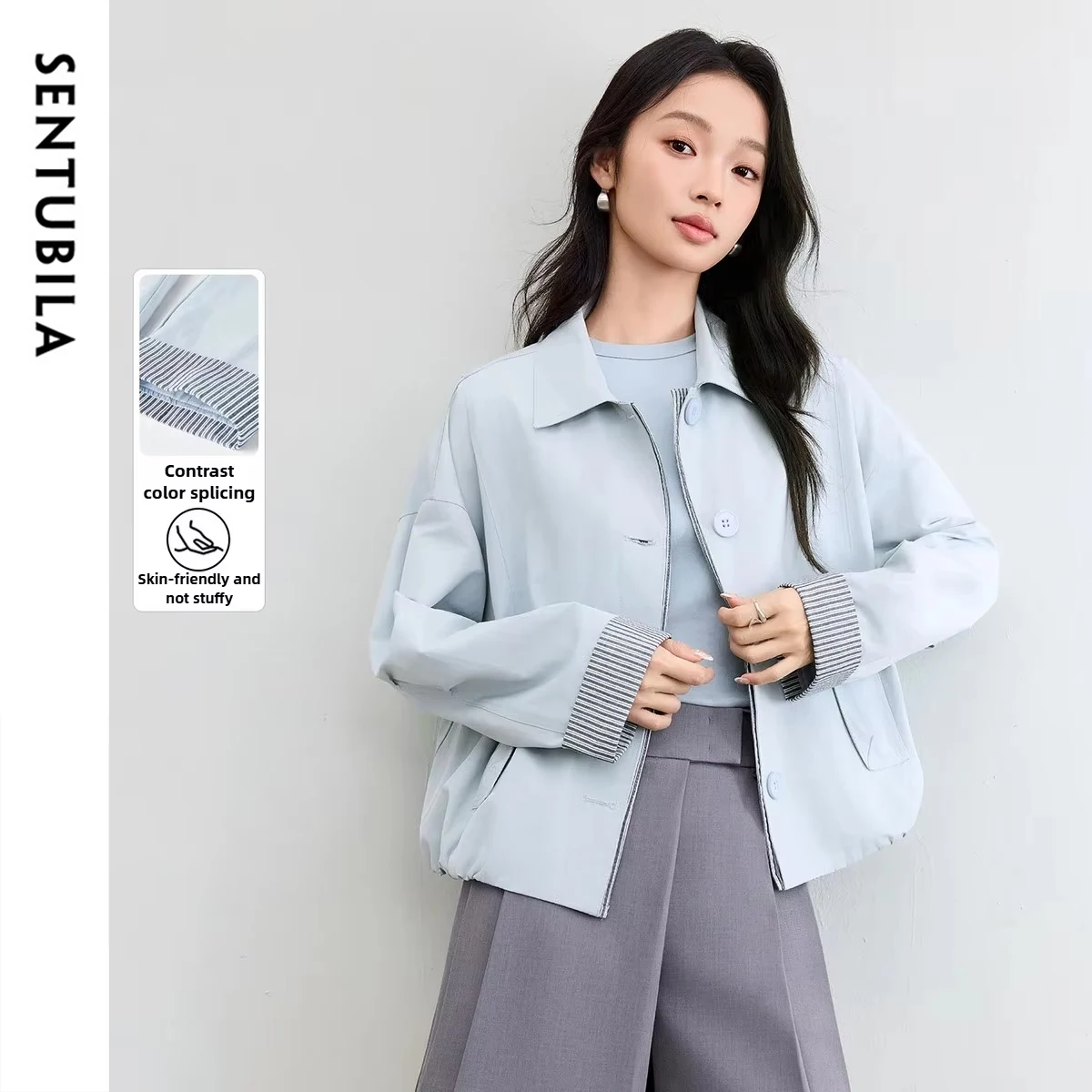 

SENTUBILA Women's Cotton Jackets 2025 Autumn Turn-Down Collar Contrast Color Striped Sleeve Coats Slimming Casual Top W53WB3477
