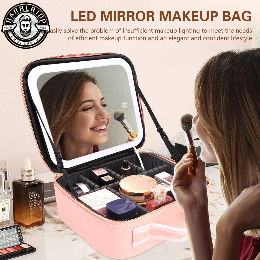 Smart LED Lighted Cosmetic Case with Mirror Waterproof PU Leather Portable Travel Makeup Storage BagsTravel Makeup Bags