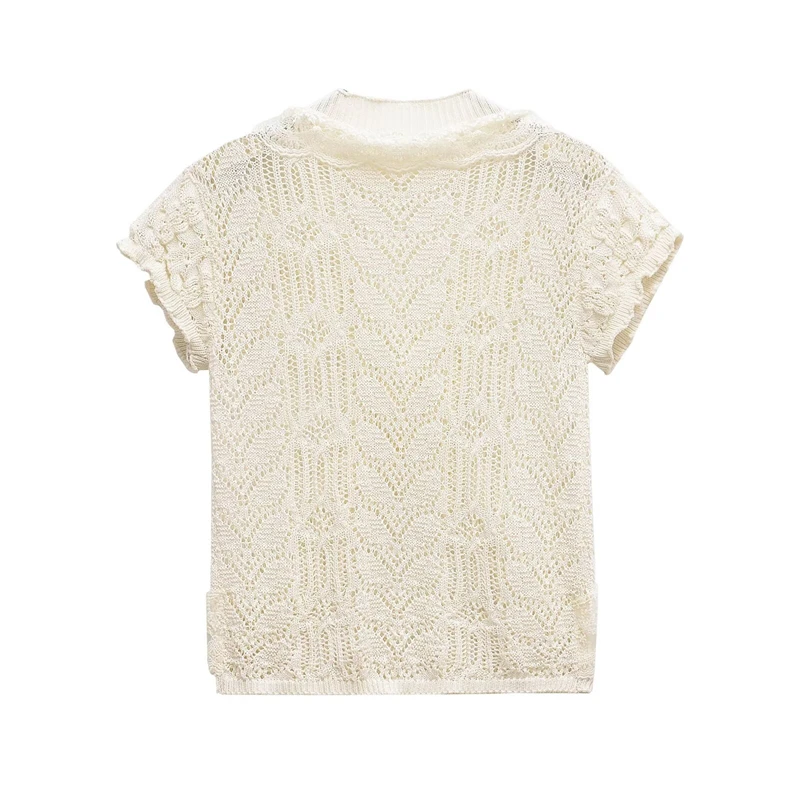 KEYANKETIAN letni nowy wiatr wakacyjny wielowarstwowy drążony żakardowy top z dzianiny damski O-Neck z krótkim rękawem cienki miękki wąski sweter