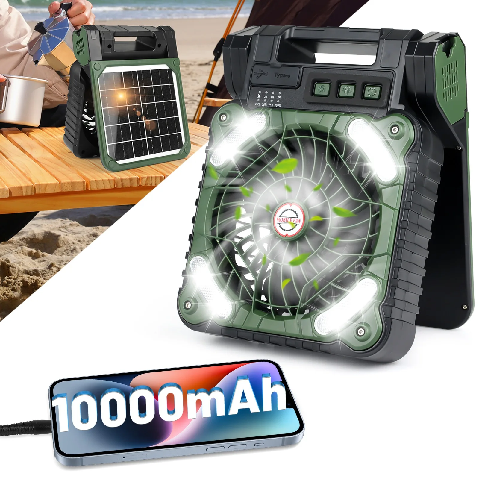 Solar Camping Fan Portable 10000mAh Rechargeable Solar Fan with LED Lights Foldable Outdoor Tent Fan