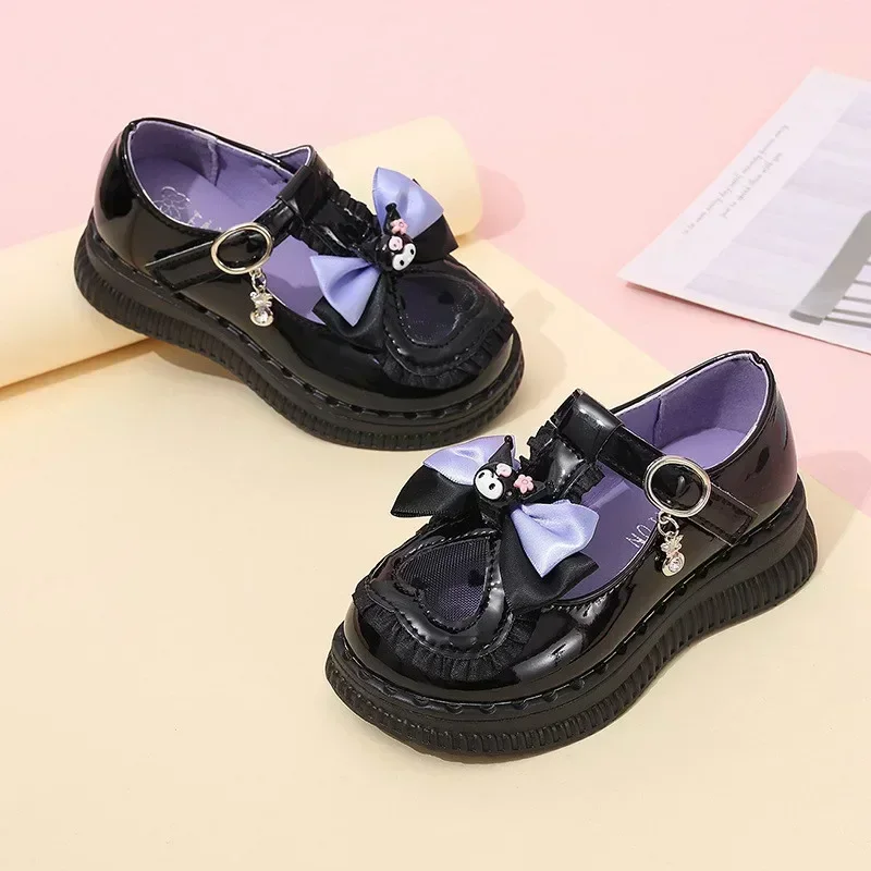 Girls Kuromi Casual Shoes Princess T-Strap Kids Cartoon Sanrio Leather Shoes for Party Wedding Children School Performance Flats