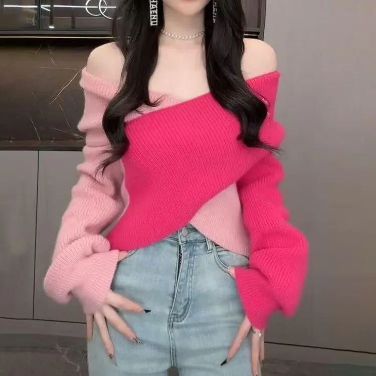 Elegante camicetta asimmetrica in maglia con scollo a V e maniche svasate per le donne Abbigliamento casual slim fit moda primavera autunno