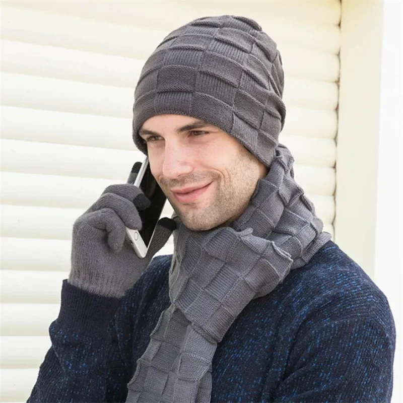 Inverno masculino de malha longo cachecol chapéu luvas conjunto homem quente proteção de pelúcia orelha boné cachecóis e luvas touchscreen