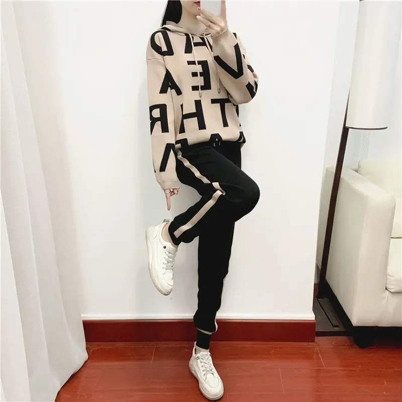 Muslim Tracksuit Women Hoodie Outfits Knitting Letter Print Sweater Pencil Pants Drawstring Trousers Suit Knit Two Piece Sets