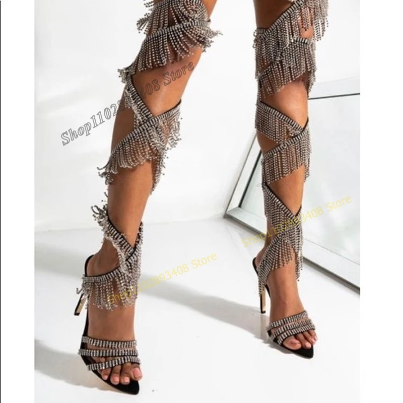 Crystal Fringe Decor Strappy Sandal Boots Pointed Toe Stiletto High Heel Women Shoes 2023 New Fashion Sexy Zapatos Para Mujere