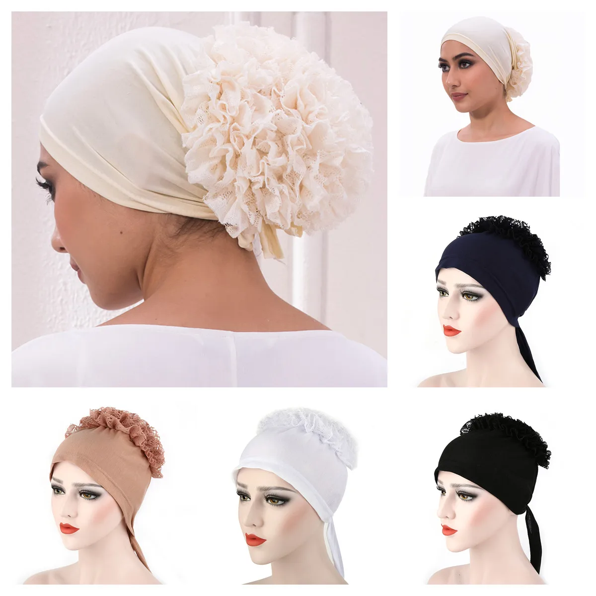 Fashipn Turban muzułmański czapka jednokolorowa koronka afryka Pan kapelusz z kwiatem arabskie indie Hijabs Bonnet kobiety Wrap Head Turbante Headtie