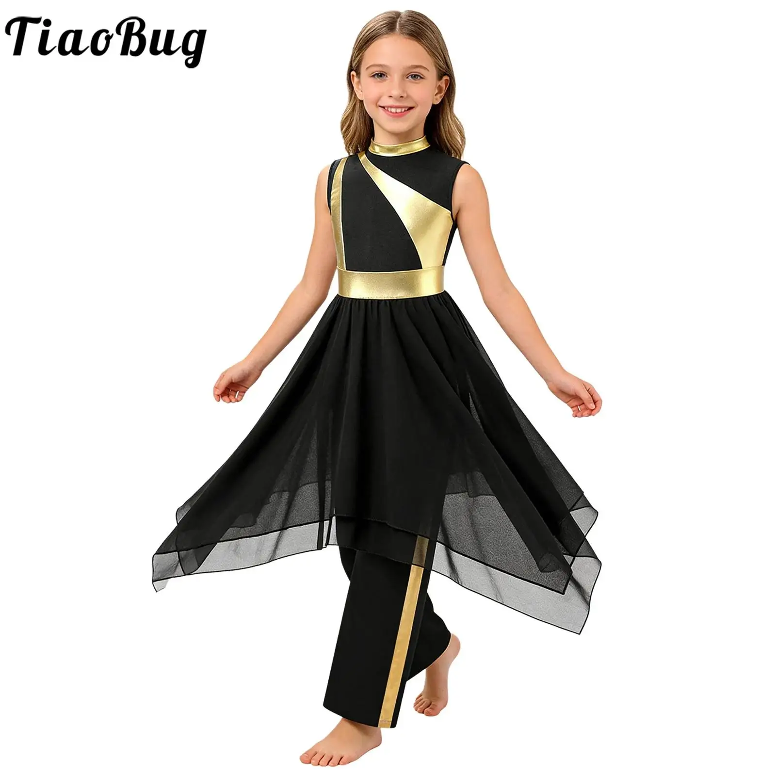 

Детский танцевальный костюм для девочек: лирическое платье-туника для хора, церковных служб и почитания, металлическое, без рукавов, из сетки, с брюками